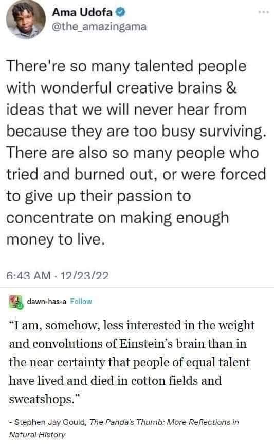 This meme is a humorous quote from a book, juxtaposed with a tweet from a famous person. The quote, from "The Panda's Thumb" by Stephen Jay Gould, is a witty and satirical commentary on the relationship between intelligence and physical ability. The tweet from "The Amazing" (Ama) Udofa is a humorous observation on the importance of creativity and talent in the face of adversity.